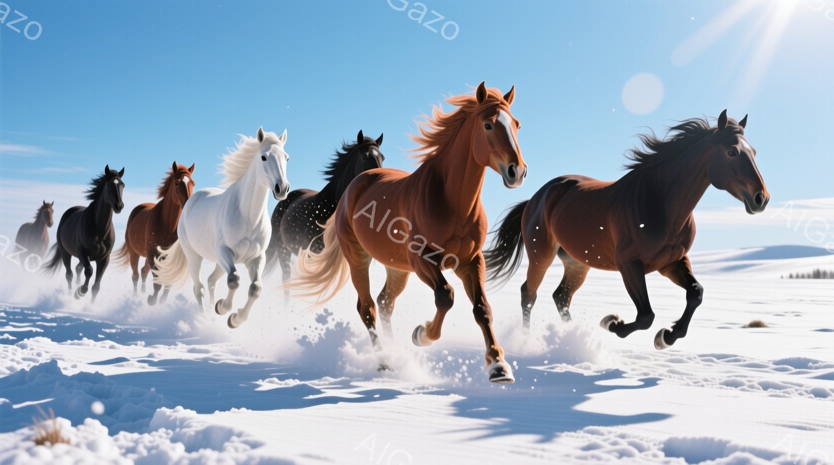 雪原を複数の馬が疾走している様子が捉えられている。茶色、黒、白など様々な毛色の馬たちが、雪煙を上げながら力強く走り、冬の寒々とした風景の中に躍動感を与えている。遠景には雪に覆われた平原が広がり、澄んだ - AI生成フリー素材