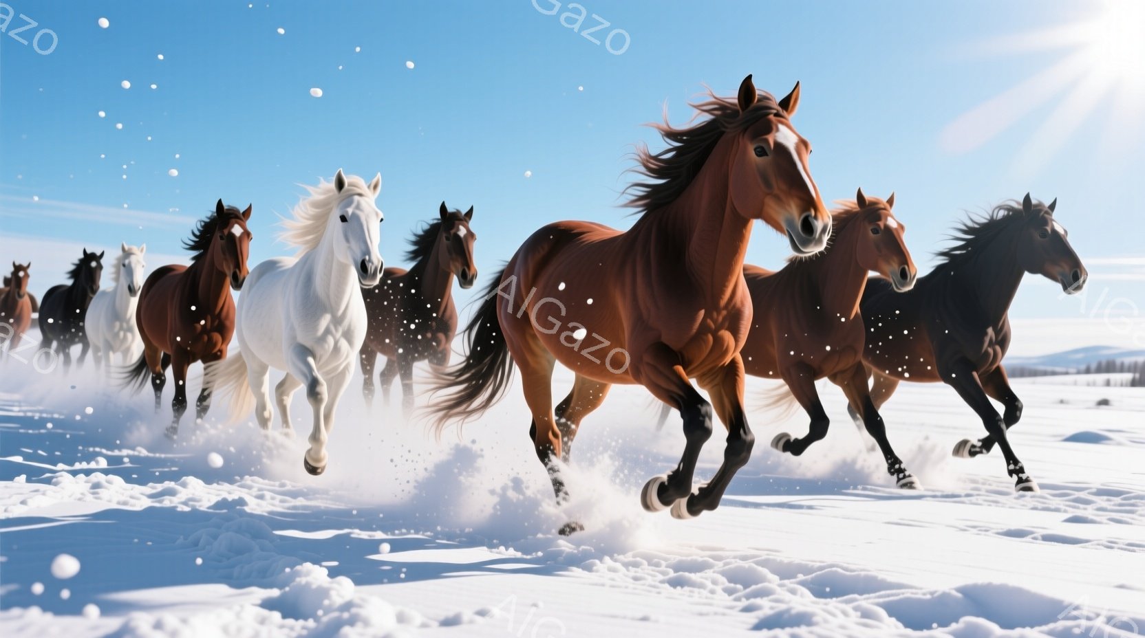 多くの馬が雪景色の中を疾走している。茶色、黒、白など様々な毛色の馬が、雪煙を上げながら力強く走っており、その姿は躍動感に満ち溢れている。背景には白い雪原が広がり、晴れた空が広がっているため、冬の爽やか - AI生成フリー素材