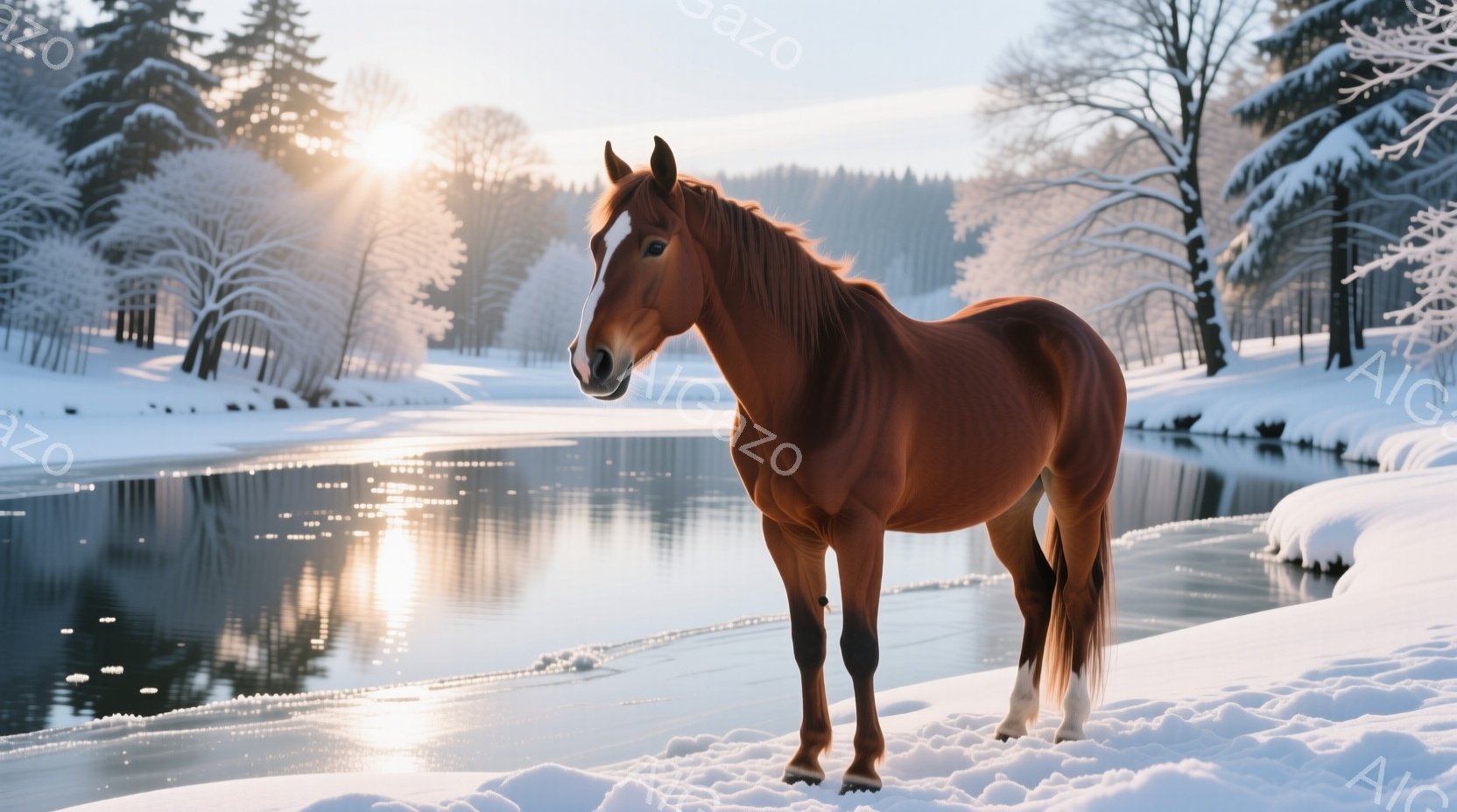 広大な雪景色の中に、栗毛の馬が一頭佇んでいます。馬は白い雪原の上に立ち、水面に反射する太陽光を背景に、堂々とした姿勢でこちらを見つめています。背景には雪に覆われた木々が立ち並び、静かで厳かな冬の雰囲気を醸し出しています。