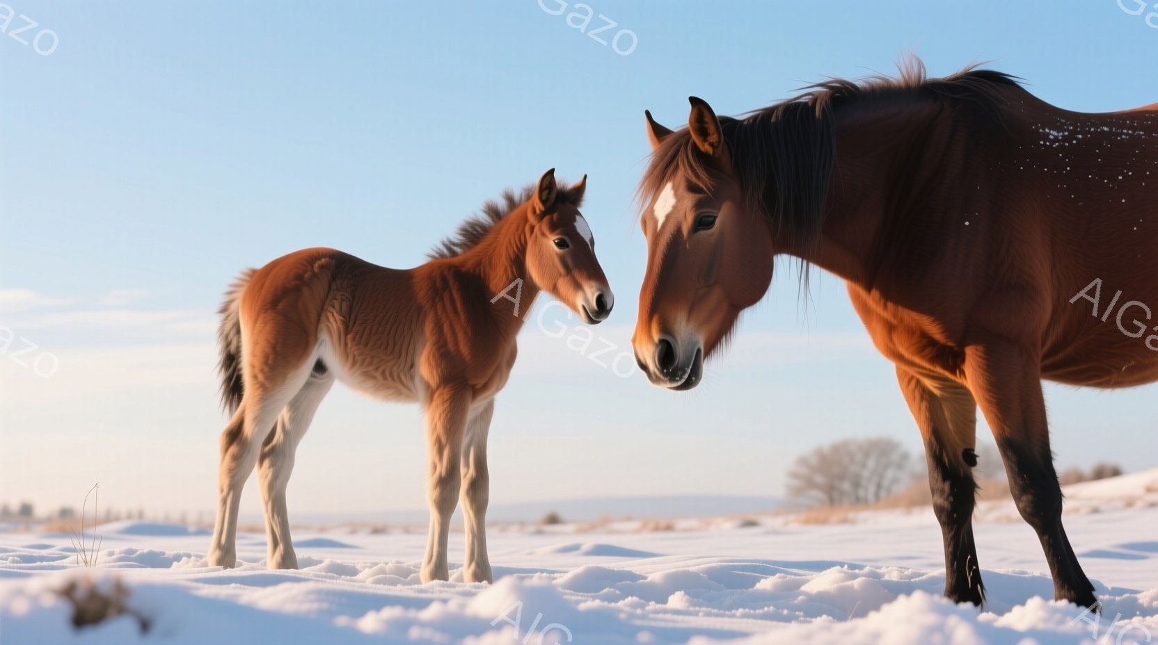 雪景色の中で、赤茶色の母馬と子馬が寄り添っています。子馬はまだ幼く、母馬のそばで安心した様子で立っており、二匹は穏やかで温かい雰囲気を醸し出しています。背景には雪原が広がり、遠くにわずかな木々が見え、静かで平和な冬の風景です。