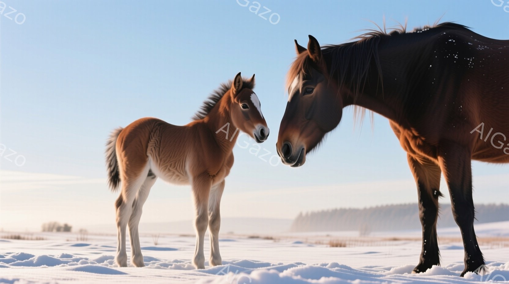 白い雪景色の中に、栗色の小さな子馬と黒い大馬が寄り添っている。子馬はまだ幼く、足元は不安定そうだが、大馬は優しく見守っている様子が伝わる。遠くにはぼんやりと森林が見え、全体的に穏やかで温かい雰囲気が漂 - AI生成フリー素材