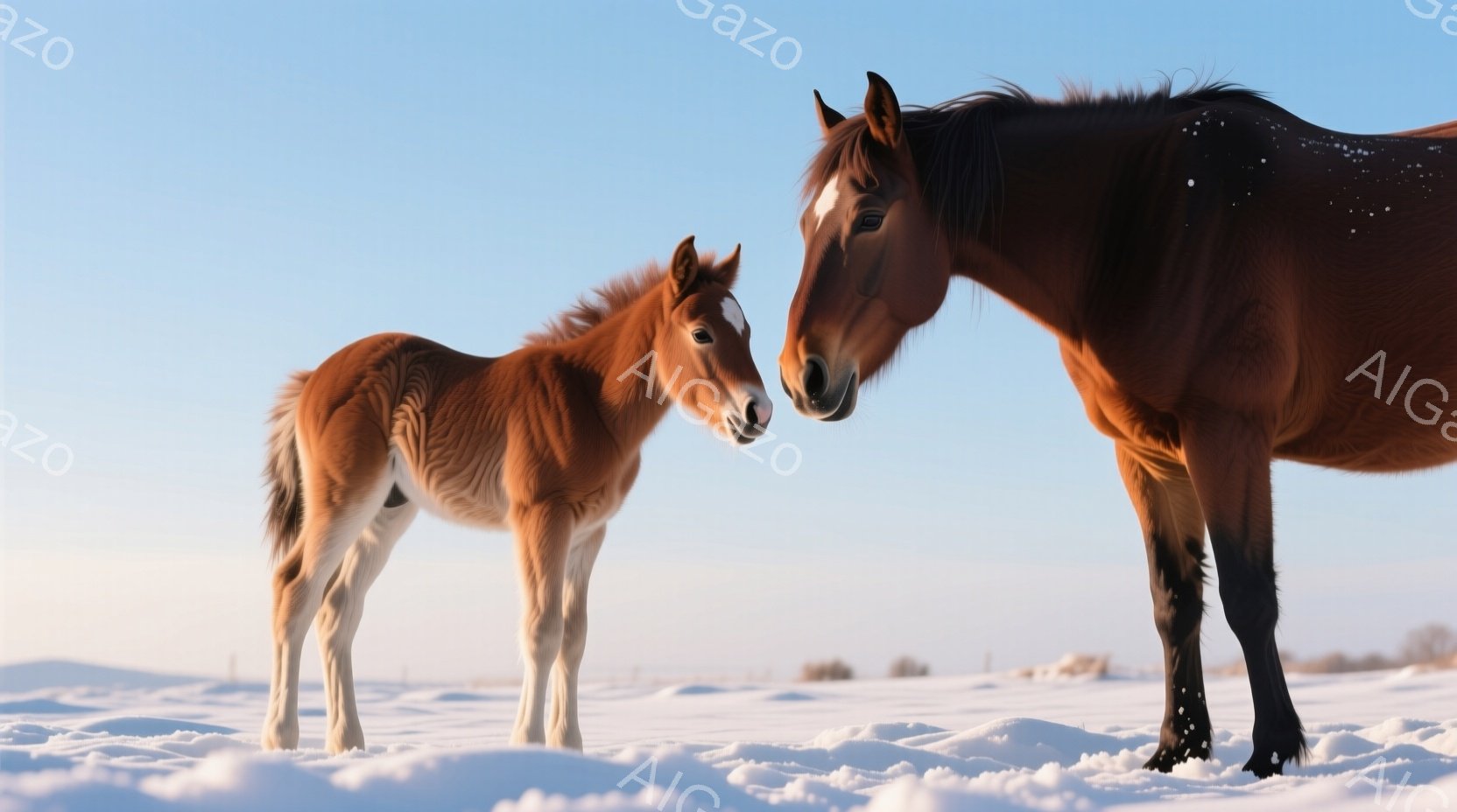 広大な雪景色の中に、母馬と子馬が寄り添って立っている。子馬はまだ小さく、白い足元が印象的で、母馬の顔に鼻を寄せている。背景は一面の雪原で、空は淡い青色に染まり、穏やかで優しい雰囲気を醸し出している。