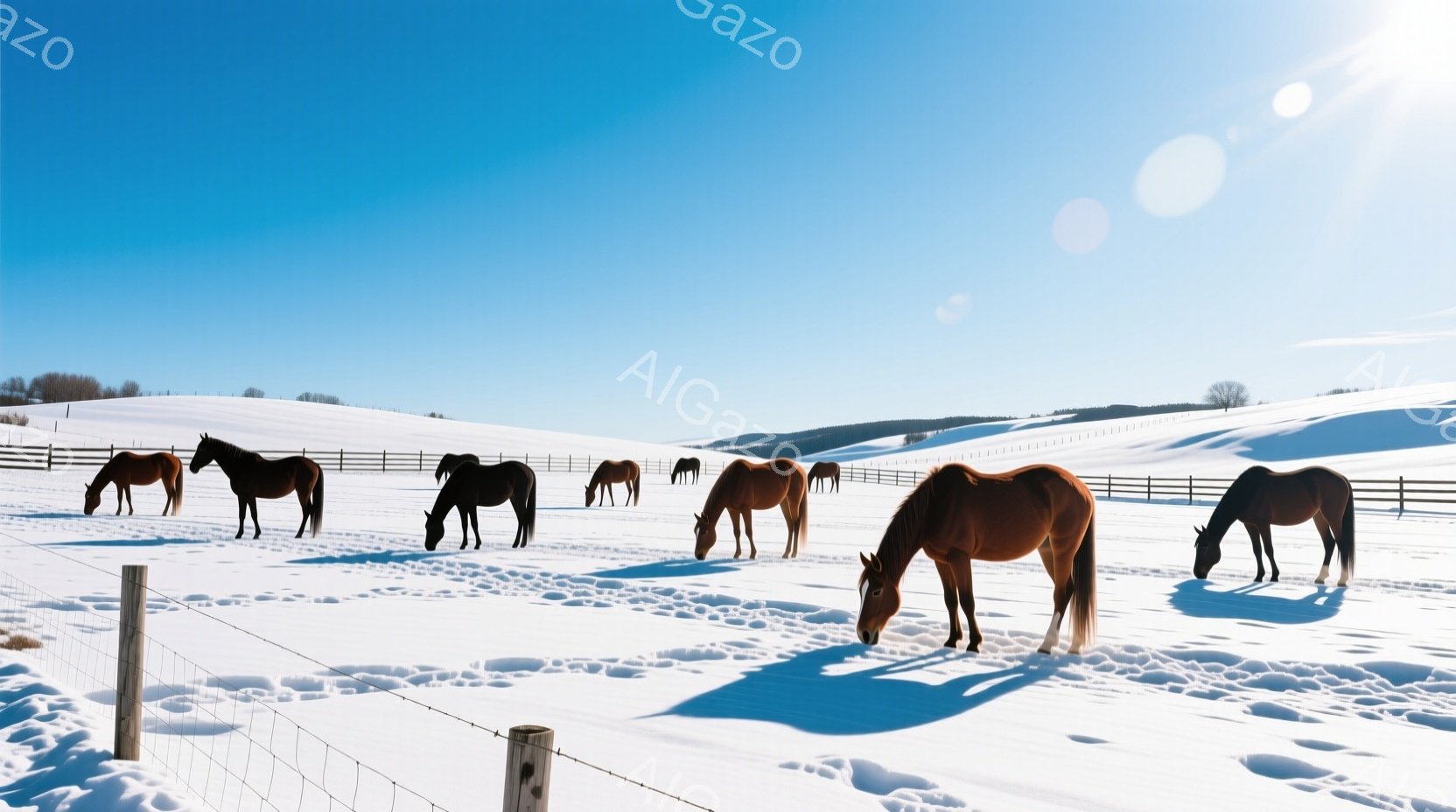 広大な雪景色の中で、茶色と黒の馬たちが草を食んでいます。雪原には馬たちの足跡が点在し、遠くにはなだらかな丘とフェンスが見えます。晴れた空と白い雪のコントラストが、静かで穏やかな冬の雰囲気を醸し出してい - AI生成フリー素材