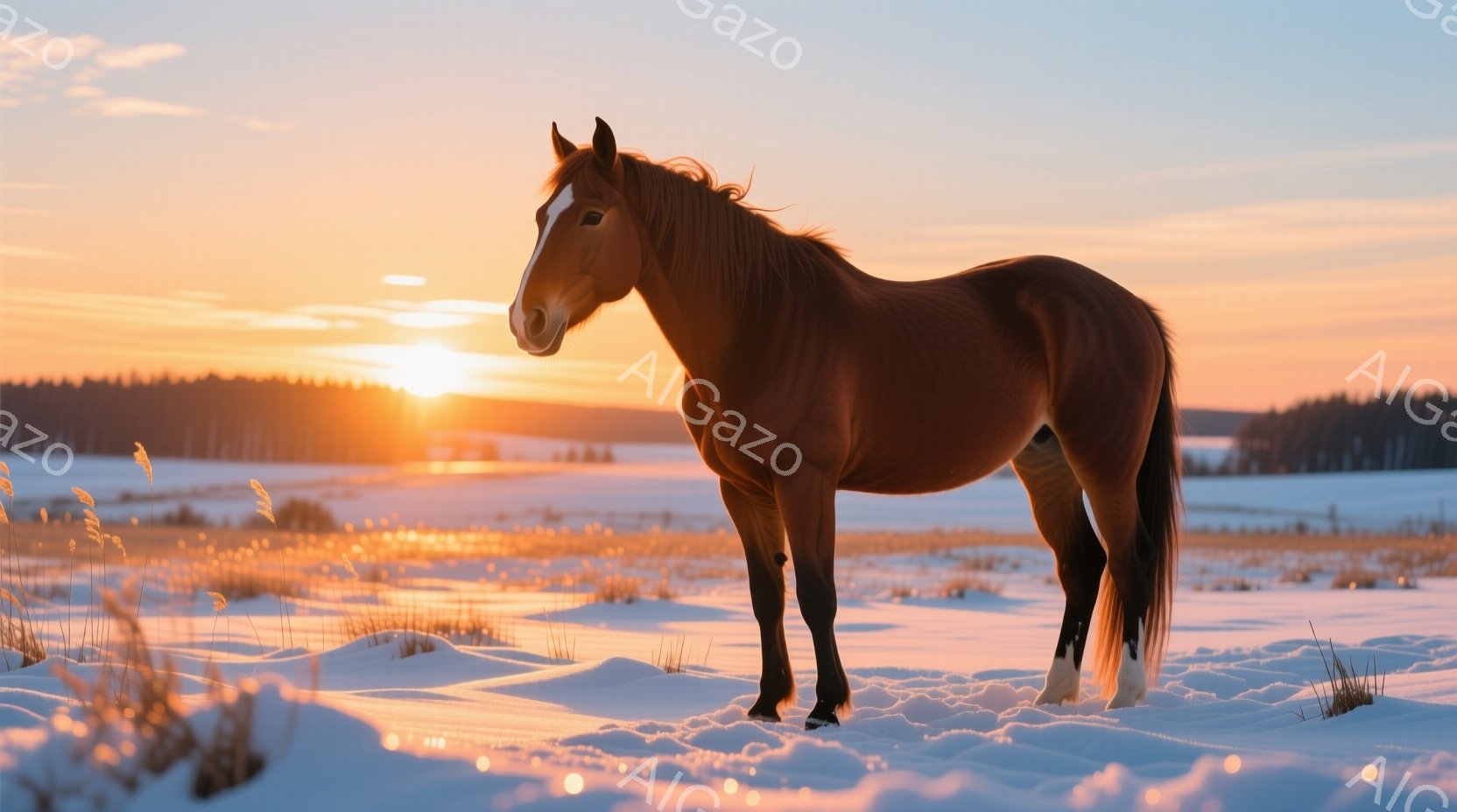 広大な雪原に栗色の馬が凛々と佇んでいます。夕焼けが空をオレンジ色に染め、馬のシルエットを際立たせています。背景にはうっすらと木々が見え、静かで穏やかな冬の風景が広がっています。