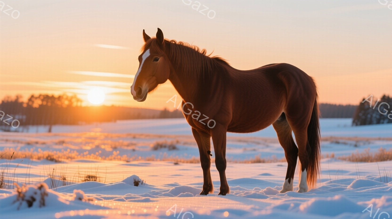 深い雪に覆われた野原に、茶色の馬が悠々と立っている。夕焼けの光が雪原をオレンジ色に染め、馬のシルエットを強調している。背景には遠くの木々が見え、穏やかで静謐な冬の雰囲気を醸し出している。 - AI生成フリー素材
