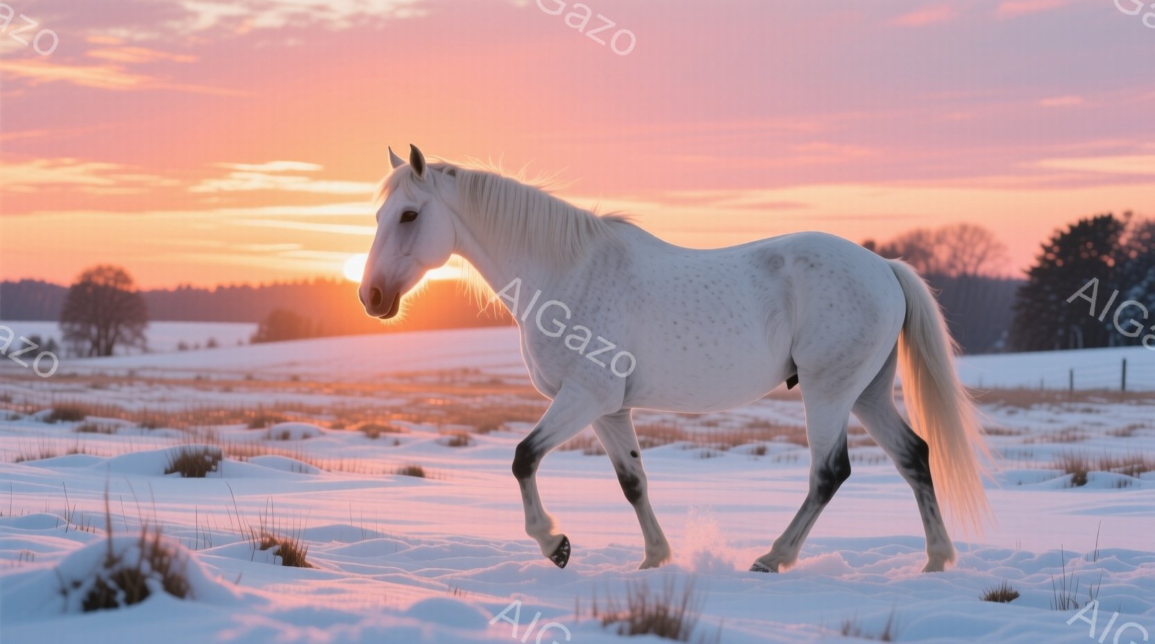 白い馬が雪原を駆けている姿が捉えられており、夕焼け空が背景に広がり、暖かく幻想的な雰囲気を醸し出しています。馬は力強く前進しており、その毛並みは太陽の光を浴びて輝き、周囲の茶色い草地や木々とのコントラ - AI生成フリー素材