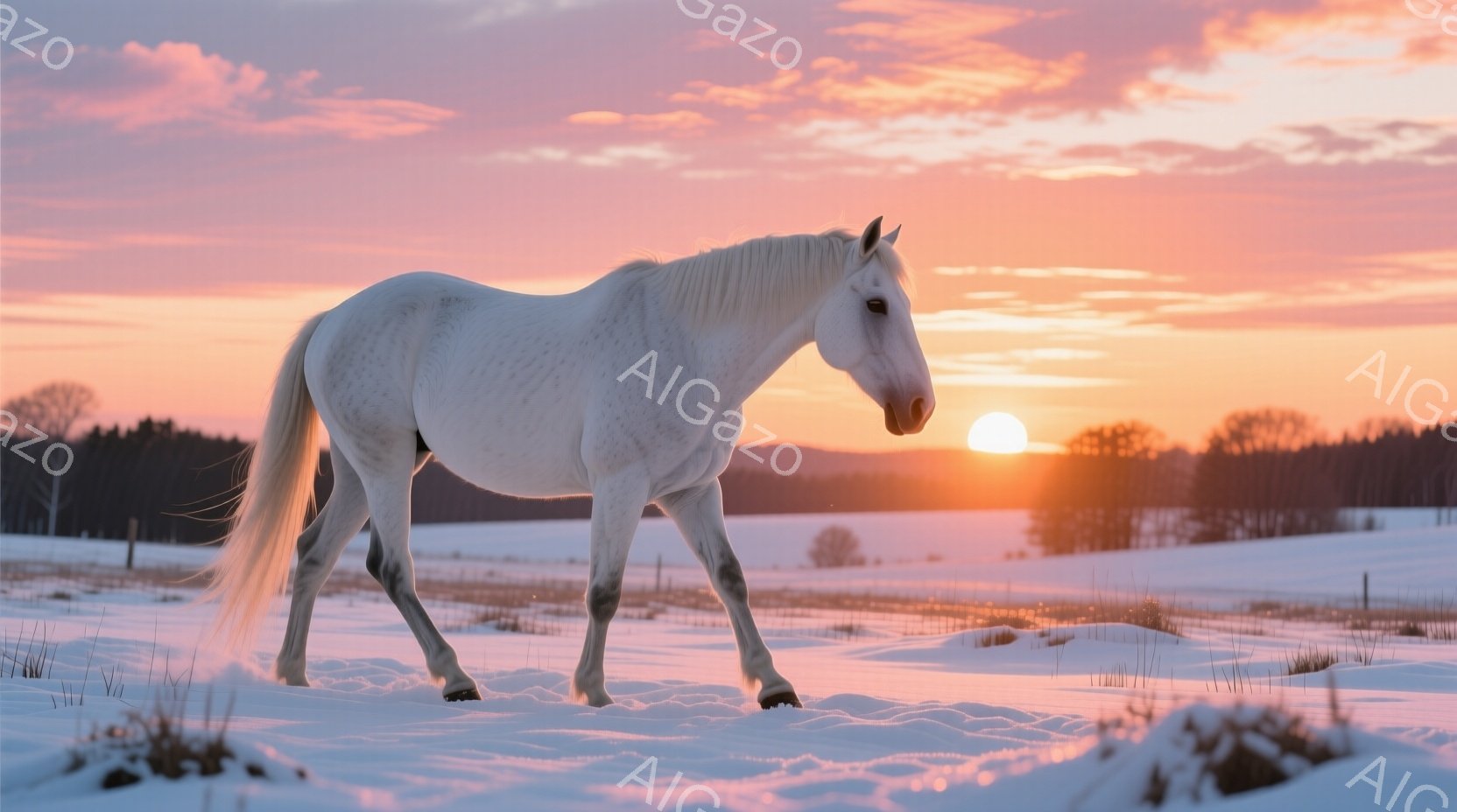 白い馬が雪景色の中を歩いている。背景には、夕焼けのオレンジ色の空と、遠くに見える木々のシルエットが広がっており、穏やかで幻想的な雰囲気を醸し出している。馬の毛並みは美しく、雪原とのコントラストが際立っ - AI生成フリー素材