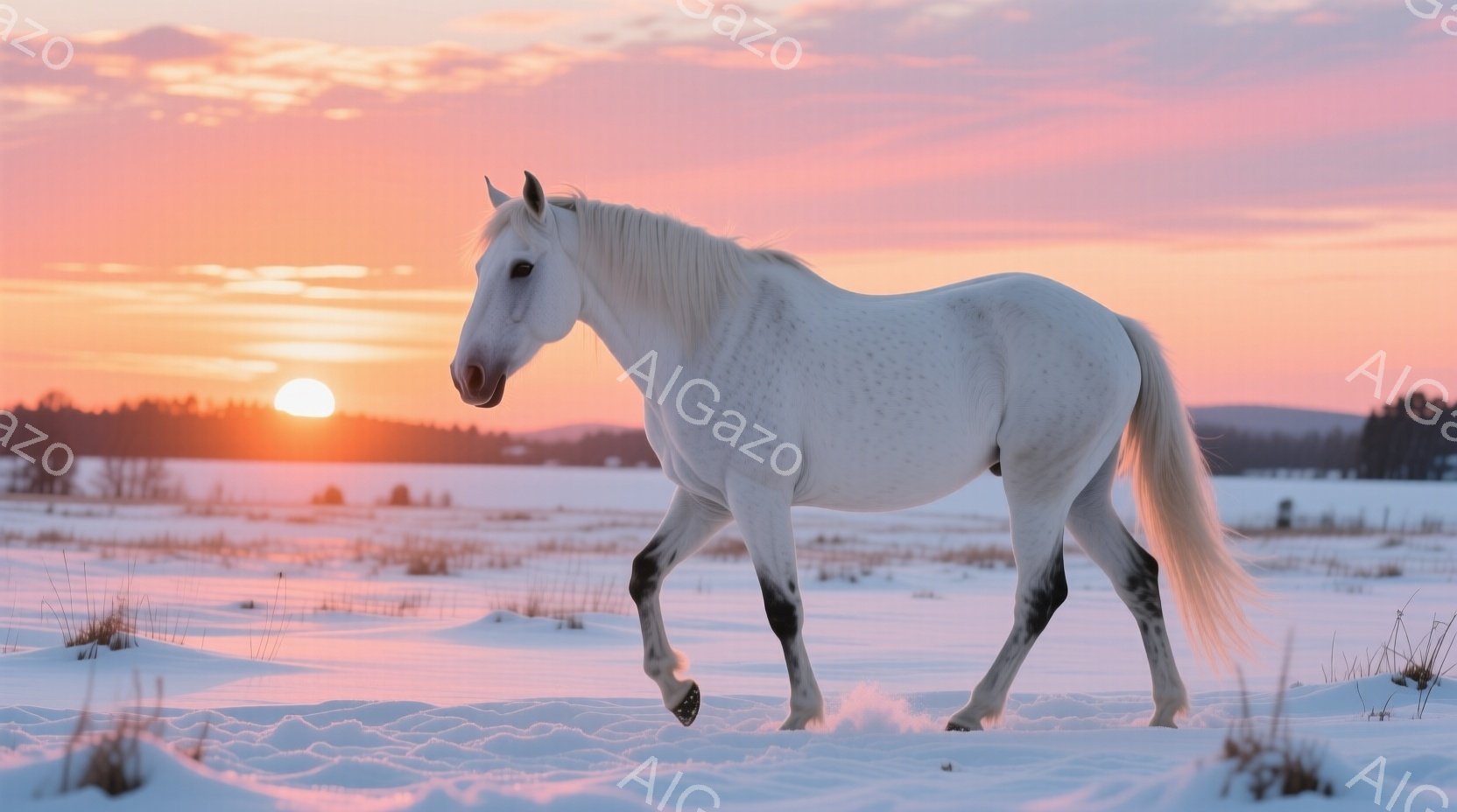 白い馬が雪原を歩いている様子が捉えられています。夕焼けのオレンジとピンク色が空を染め、雪原に暖かな光を投げかけています。遠景には、暗いシルエットの木々と丘が見え、静かで穏やかな冬の雰囲気を醸し出してい - AI生成フリー素材
