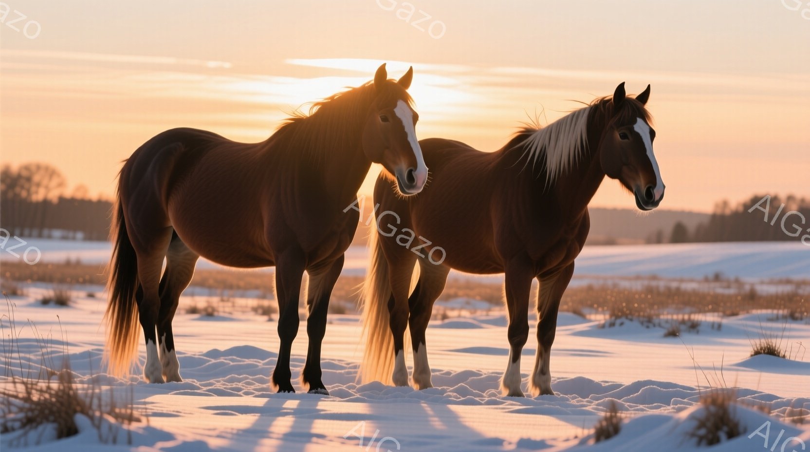 雪景色の中に二頭の栗毛の馬が並んで立っている。太陽が地平線に沈みかけており、雪原に暖かなオレンジ色の光が差し込んでいる。馬たちは静かに佇み、冬の静寂と穏やかな雰囲気を醸し出している。