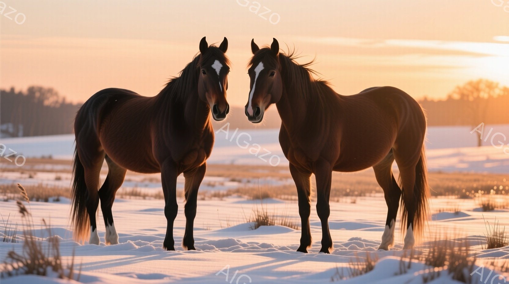 2頭の栗色の馬が雪原に立っている。馬たちは白い足元で静止し、お互いに少し内側を向いており、穏やかで平和な雰囲気を醸し出している。背景は穏やかな夕焼けで、雪原と乾いた草の野原が広がり、冬の静寂と美しさを感じさせる。