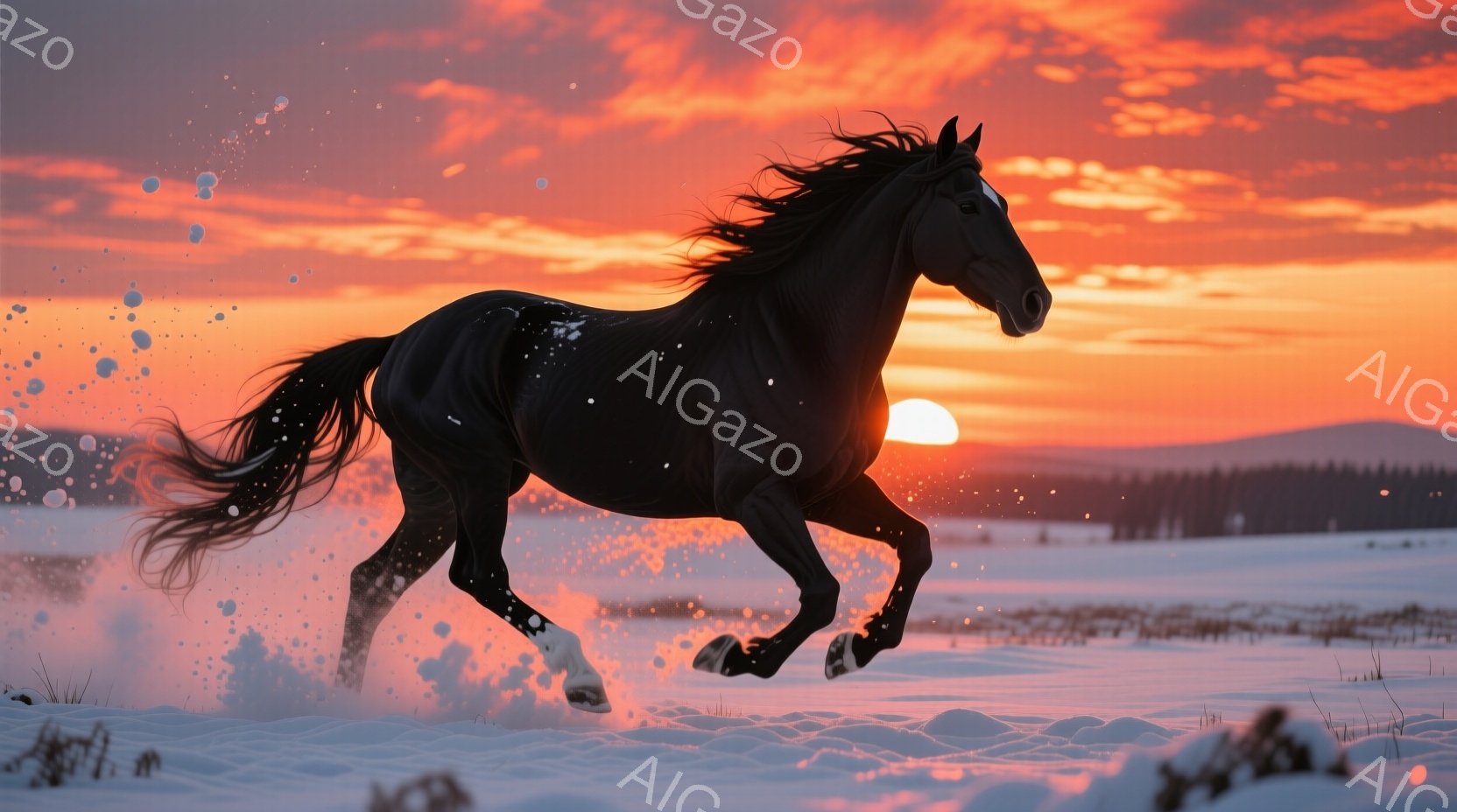 赤い日没の景色の中で馬が休む場所を追いかけるときの雰囲気を描いています。馬は大きくなっており、競馬のレーサーのように力強く走っています。馬が雪を飛ばしているため、冬の雰囲気であり、それは地平線の下方に散らばる雲の中で見えます。背景は寒い大地の風景であり、その美しさと独特の色調がこの画像を特別な雰囲気に感じさせるものです。