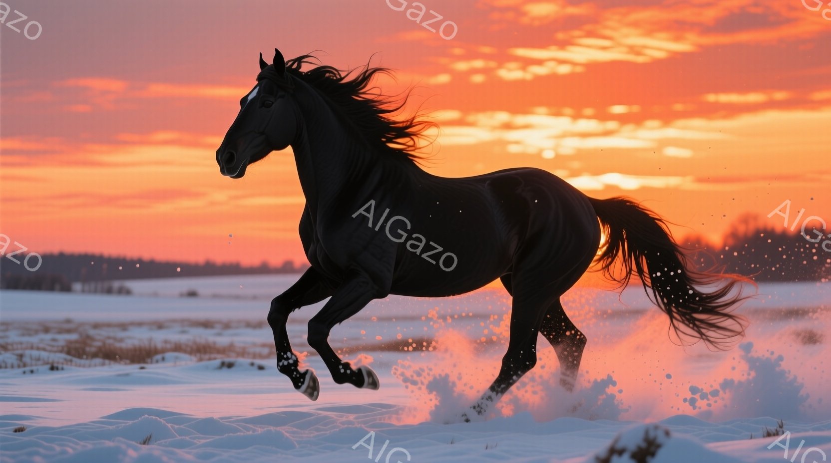 黒い馬が雪原を力強く駆けている姿が捉えられている。夕焼けのオレンジとピンク色の空が背景に広がり、雪が舞い上がる様子が躍動感を高めている。馬のたてがみと尾が風になびき、その筋肉質な体躯が冬の景色の中で際立っている。