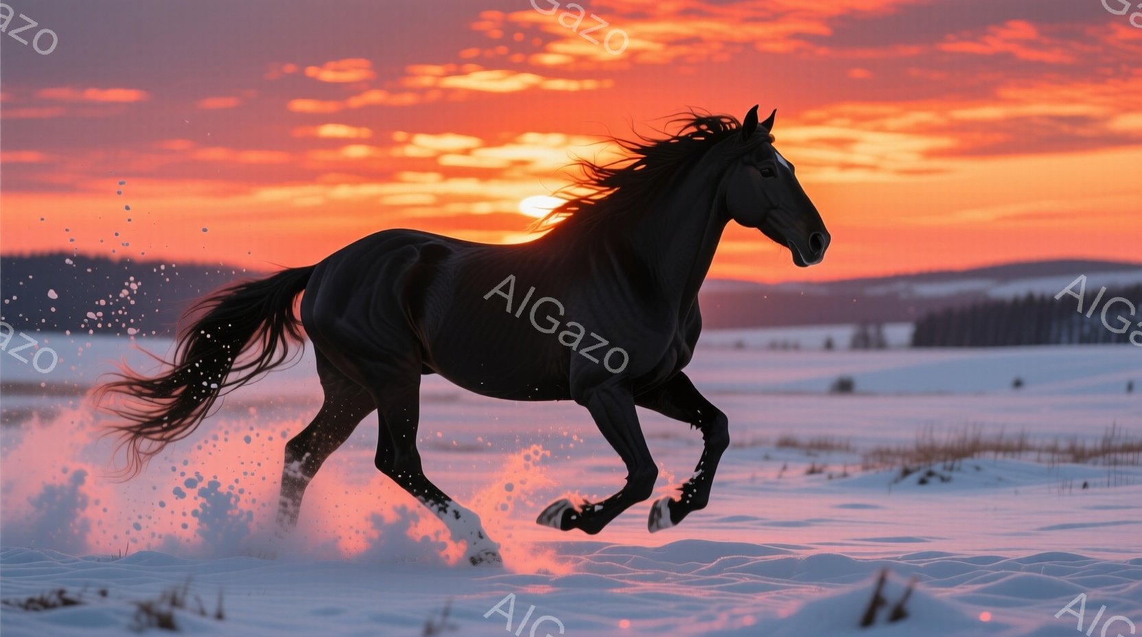 黒い馬が雪原を力強く駆けている姿が捉えられている。馬のたてがみと尾は風になびき、白い雪煙を巻き上げながら疾走している。背景には夕焼けのような赤い空が広がり、遠くには雪をまとった山並みがぼんやりと見える - AI生成フリー素材