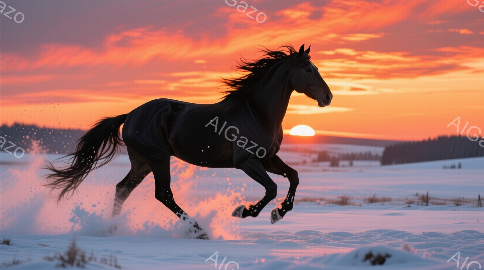 黒い馬が雪原を力強く駆けている姿が捉えられています。背景には夕焼けの赤とオレンジ色が広がり、雪が舞い上がって幻想的な雰囲気を醸し出しています。遠くには暗いシルエットの木々が見え、冬の厳しい自然と馬の生 - AI生成フリー素材