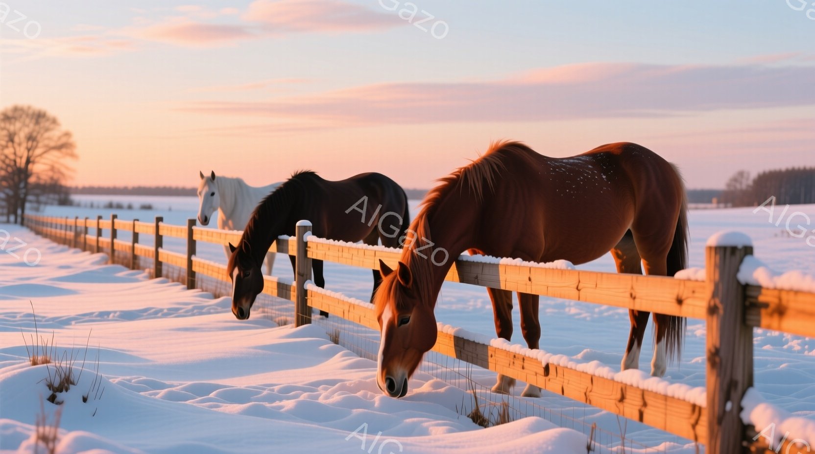 雪に覆われた牧場に、茶色の馬と白い馬がフェンス越しに草を食べている。背景には、木々が点在する広大な雪原が広がり、空は夕焼けのようなオレンジとピンクのグラデーションになっている。全体的に穏やかで静寂な冬 - AI生成フリー素材