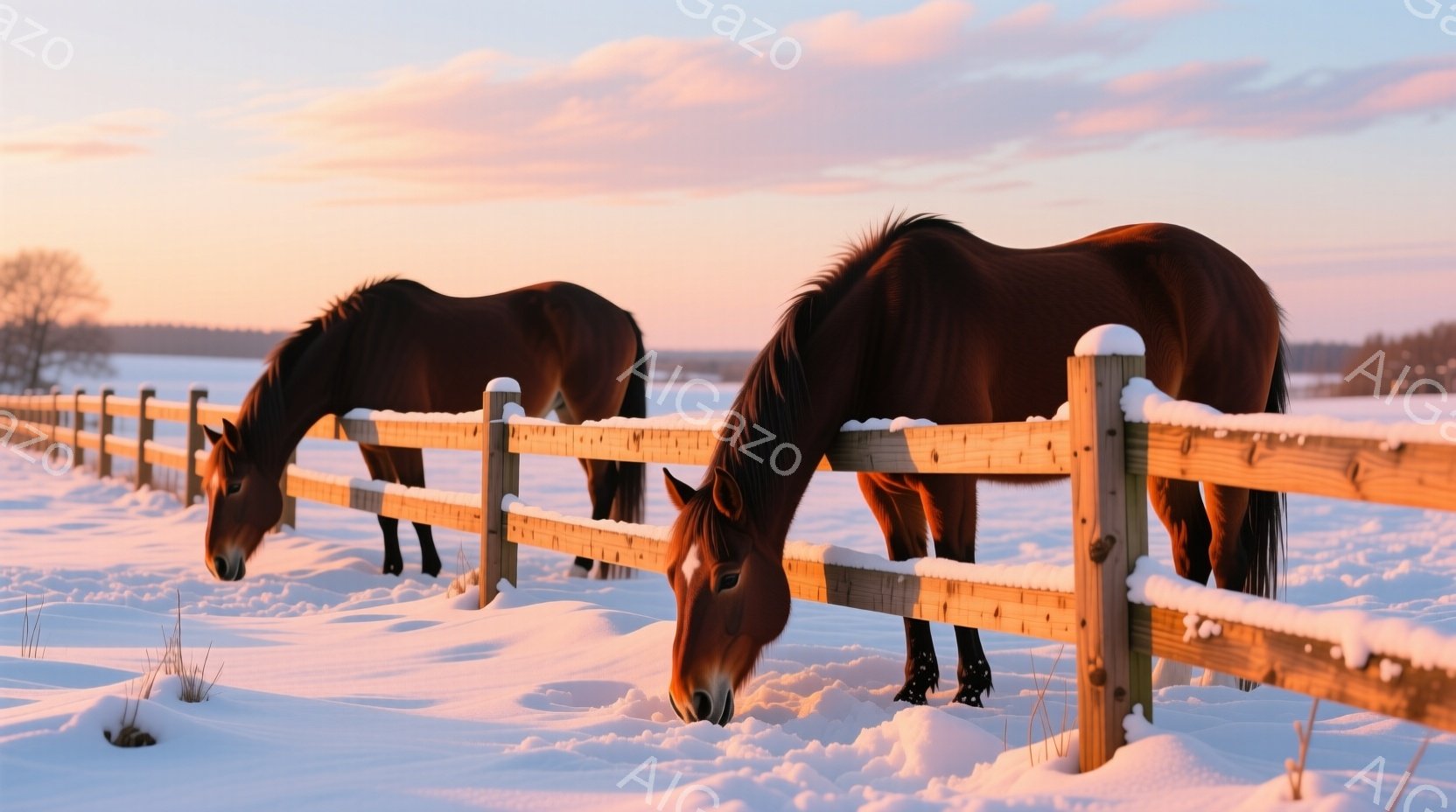 雪に覆われた野原で、2頭の栗色の馬がフェンスの下で草を食んでいます。馬たちは頭を下げ、穏やかな様子で冬の静寂を楽しむように見えます。背景には、遠くに見える木々と、夕焼けのような暖かい光が広がり、平和で穏やかな冬の雰囲気を醸し出しています。