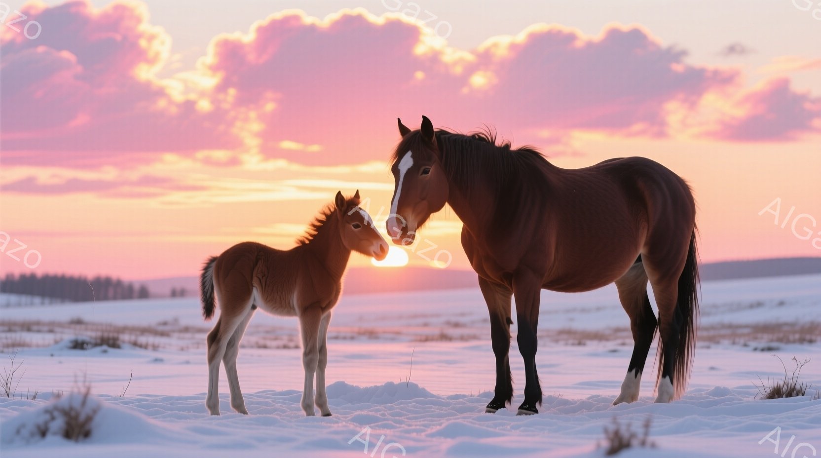 広大な雪原に、栗色の馬と、その子馬が寄り添って立っている。夕焼けの空はピンクとオレンジに染まり、雪景色に暖かさを添えている。馬たちは穏やかな表情で、静かで平和な雰囲気を醸し出している。 - AI生成フリー素材