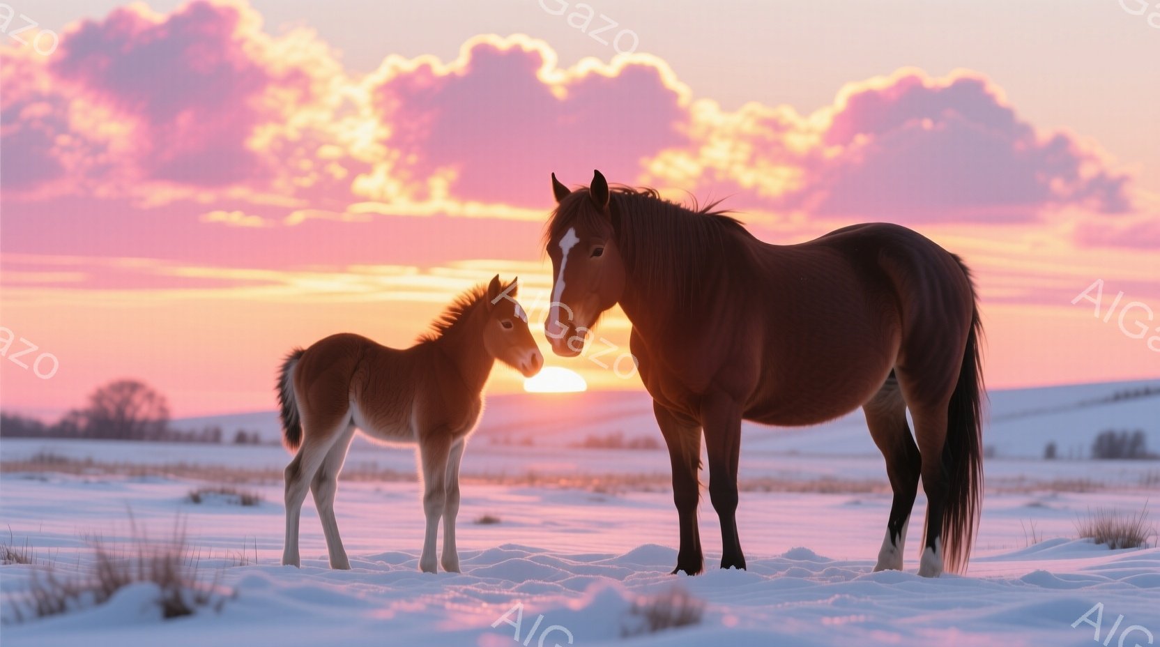 雪景色の中に、母馬と子馬が寄り添って立っている。空は夕焼けのオレンジ色とピンク色が混ざり合い、雲がその鮮やかな色彩を反射している。背景には、雪に覆われた穏やかな丘が広がり、静かで平和な冬の雰囲気を醸し - AI生成フリー素材