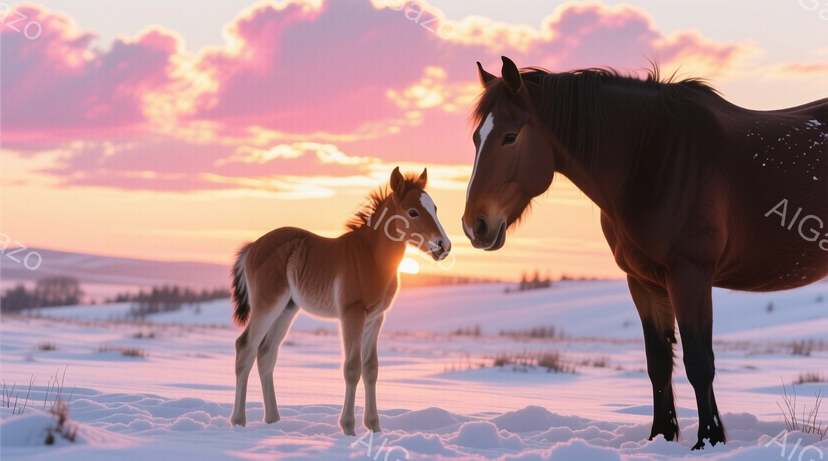 雪原に茶色の馬と子馬が寄り添って立っている。背景はピンクとオレンジが混ざり合った夕焼け空で、雪景色が広がり、穏やかで温かい雰囲気を醸し出している。子馬は母親に寄り添い、安心した表情をしているように見え - AI生成フリー素材