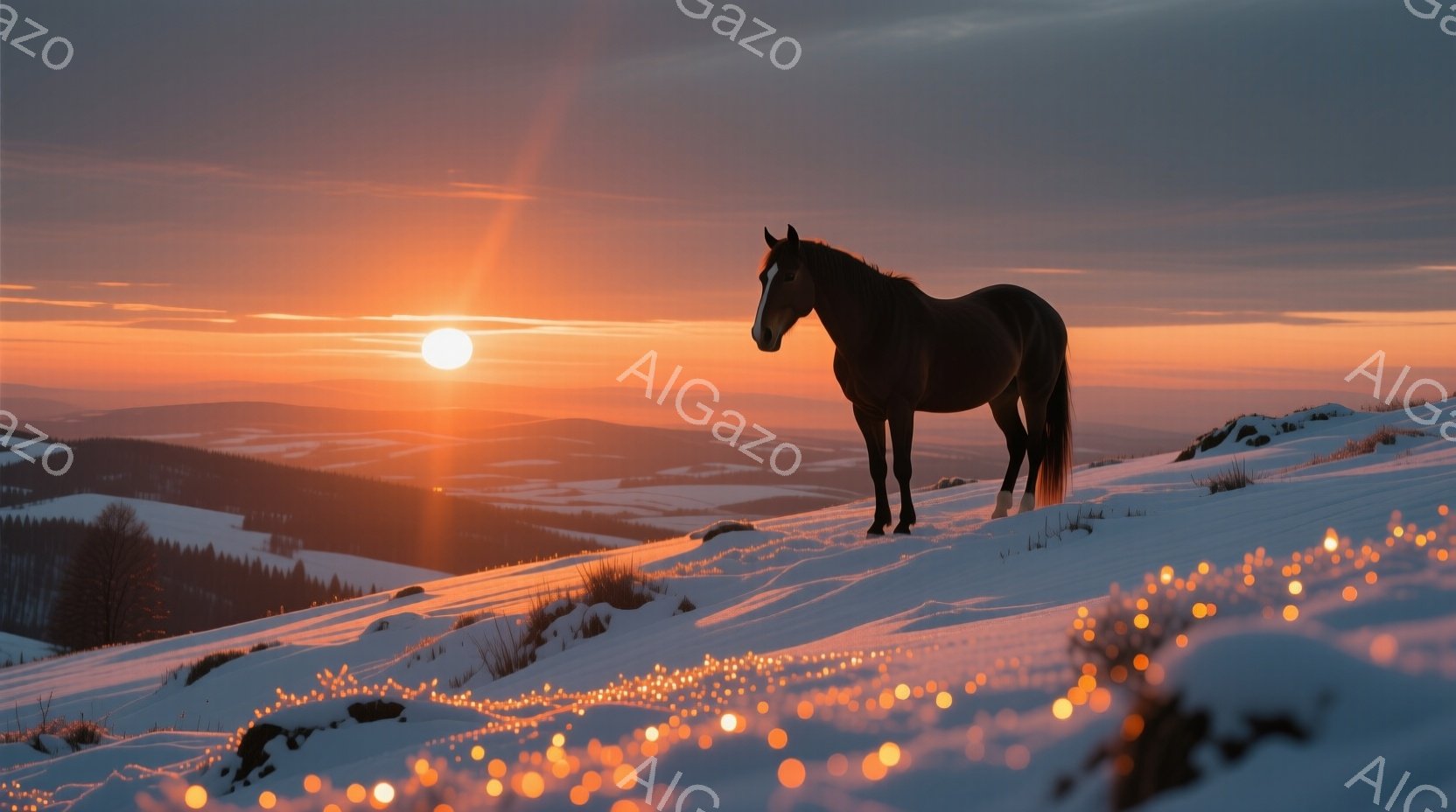 雪に覆われた丘の上に、黒い馬がシルエットとなって立っている。背景にはオレンジ色の夕日が広がり、雪原には光の粒子が輝き、幻想的な雰囲気を醸し出している。遠くには山々が連なり、冬の静寂と馬の力強さが対比さ - AI生成フリー素材