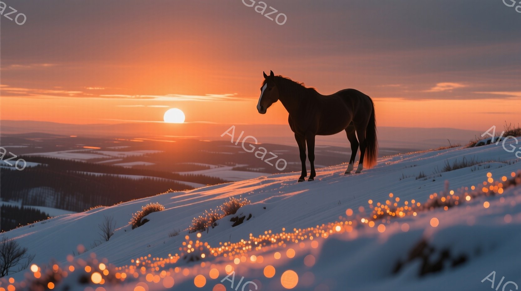 雪に覆われた丘の上に、黒い馬がシルエットとなって立っている。背景には、オレンジとピンクのグラデーションが広がる夕焼け空と、遠くに見える雪景色が広がり、幻想的な雰囲気を醸し出している。丘の雪面には、光の - AI生成フリー素材