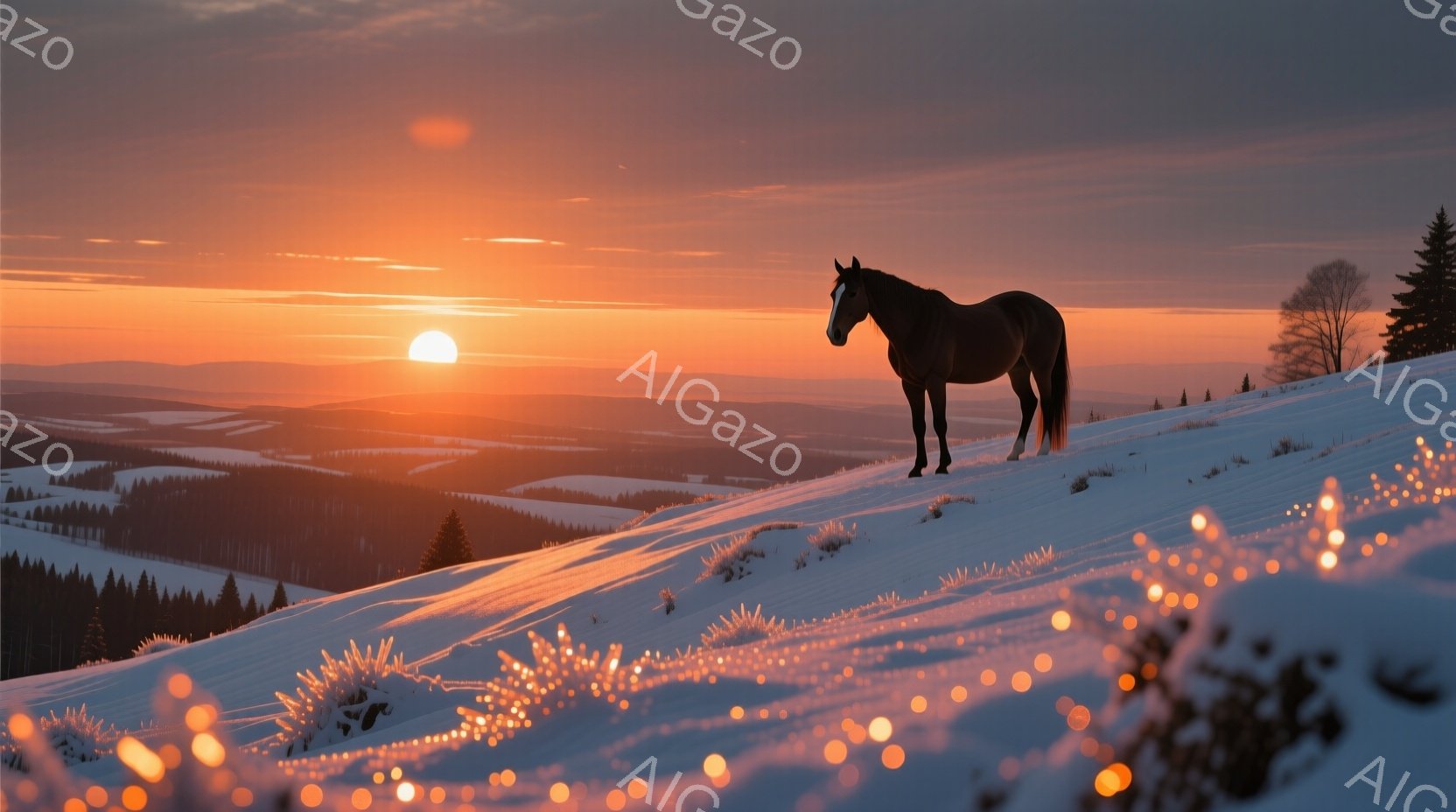 雪に覆われた丘の上に、シルエットになった黒い馬が一頭立っている。背景には、太陽が沈みゆくオレンジ色の空が広がり、遠くには雪をまとった山々や木々が連なっている。 全体的に静寂で荘厳な雰囲気が漂い、冬の自然の美しさを際立たせている。