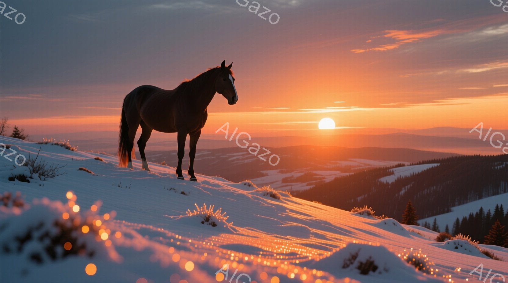 雪に覆われた丘の上に黒い馬が凛々と立っている。背景には、オレンジ色に染まった夕焼け空と遠くに見える雪を抱いた山々が広がり、穏やかで幻想的な雰囲気を醸し出している。雪面には光の粒子が散りばめられ、馬と夕 - AI生成フリー素材