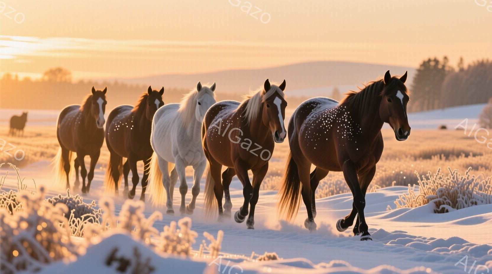 雪に覆われた野原を、茶色、黒、白の馬たちが隊列をなして歩いている。馬たちの毛並みには霜が降りており、背景にはかすかに木々が見え、空は夕焼けのような暖色で染まっている。凍てつくような冬の風景の中に、力強く歩む馬たちの姿が印象的だ。