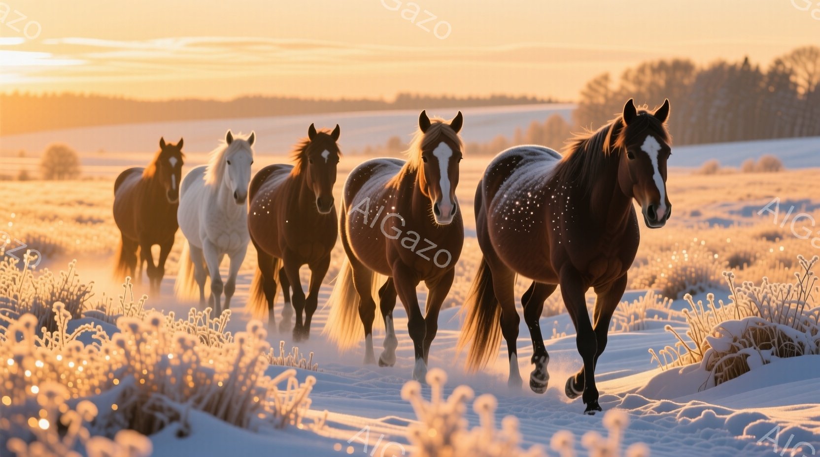 雪深い野原を、茶色、黒、白の馬が隊列をなして駆けている。霜で覆われた草木が足元に広がり、背後の地平線には冬の森がぼんやりと見える。夕焼けのような暖かな光が空を染め、馬の毛並みを照らし出し、静かで力強い冬の雰囲気を醸し出している。