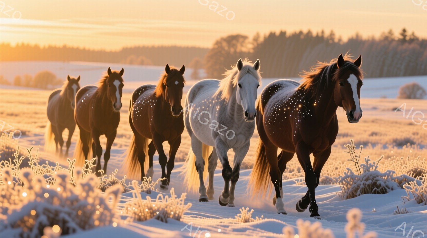 白い霜が降りた雪原を、茶色と黒の馬が四頭、正面に向かって歩いている。背景には、うっすらと見える木々と、夕焼けのような暖かな光が広がっており、幻想的な雰囲気を醸し出している。馬たちは力強く歩を進めており - AI生成フリー素材