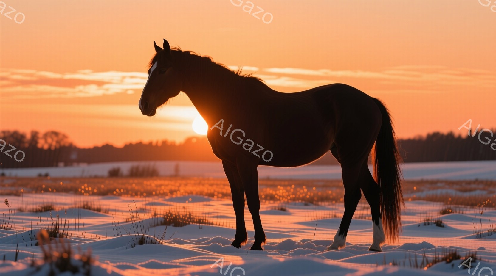 真っ黒な馬が雪原に佇み、夕焼けの光を浴びています。馬の体の一部に白い模様があり、尾も白く、背景には夕焼けと遠くの木々が広がっています。 全体的に、静かで荘厳な雰囲気で、冬の自然の中に生きる馬の力強さを感じさせます。