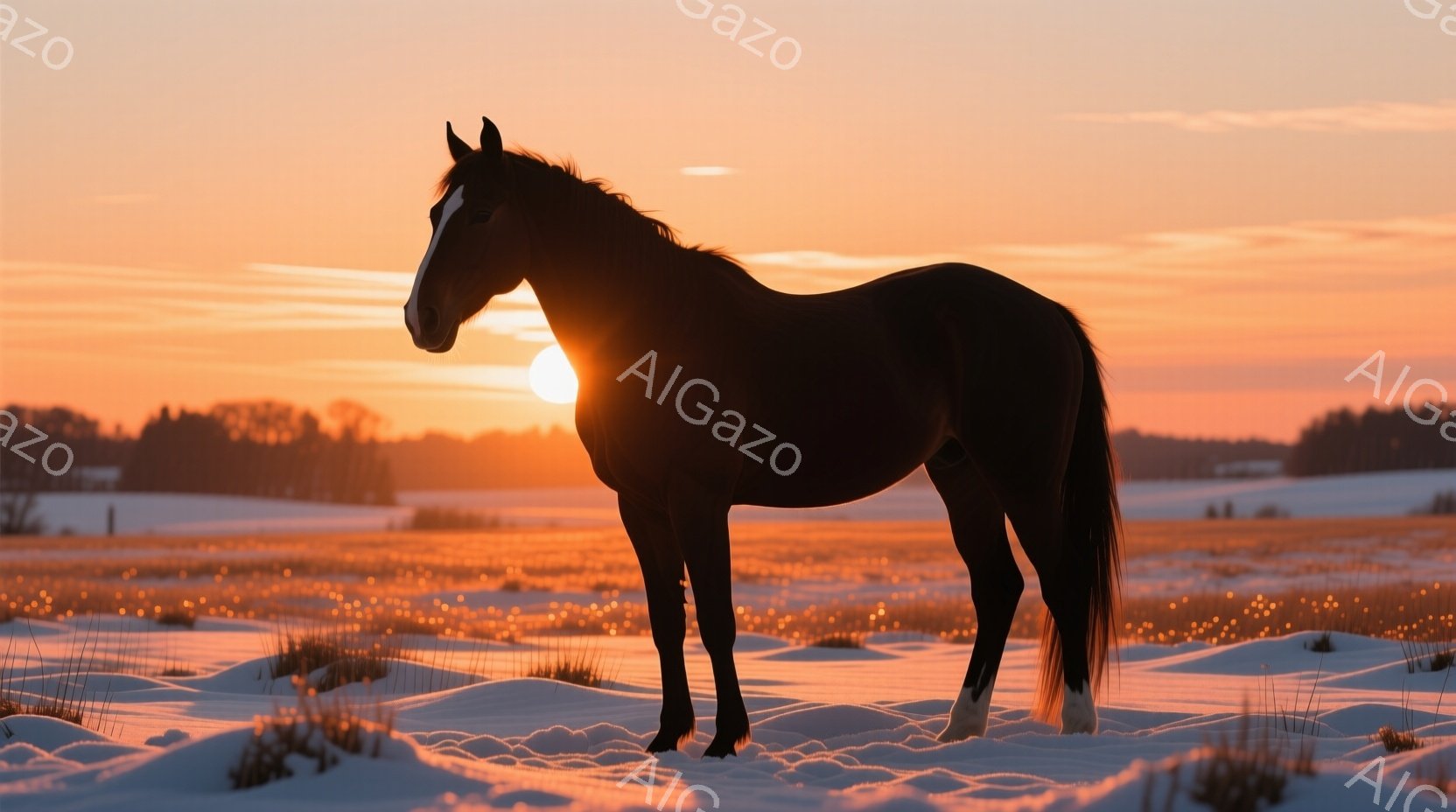 雪景色の中に黒い馬が佇んでいます。夕焼けが地平線を赤く染め、馬のシルエットを際立たせています。遠くには木々の影が見え、冬の静寂と暖かな光が共存する穏やかな雰囲気を醸し出しています。