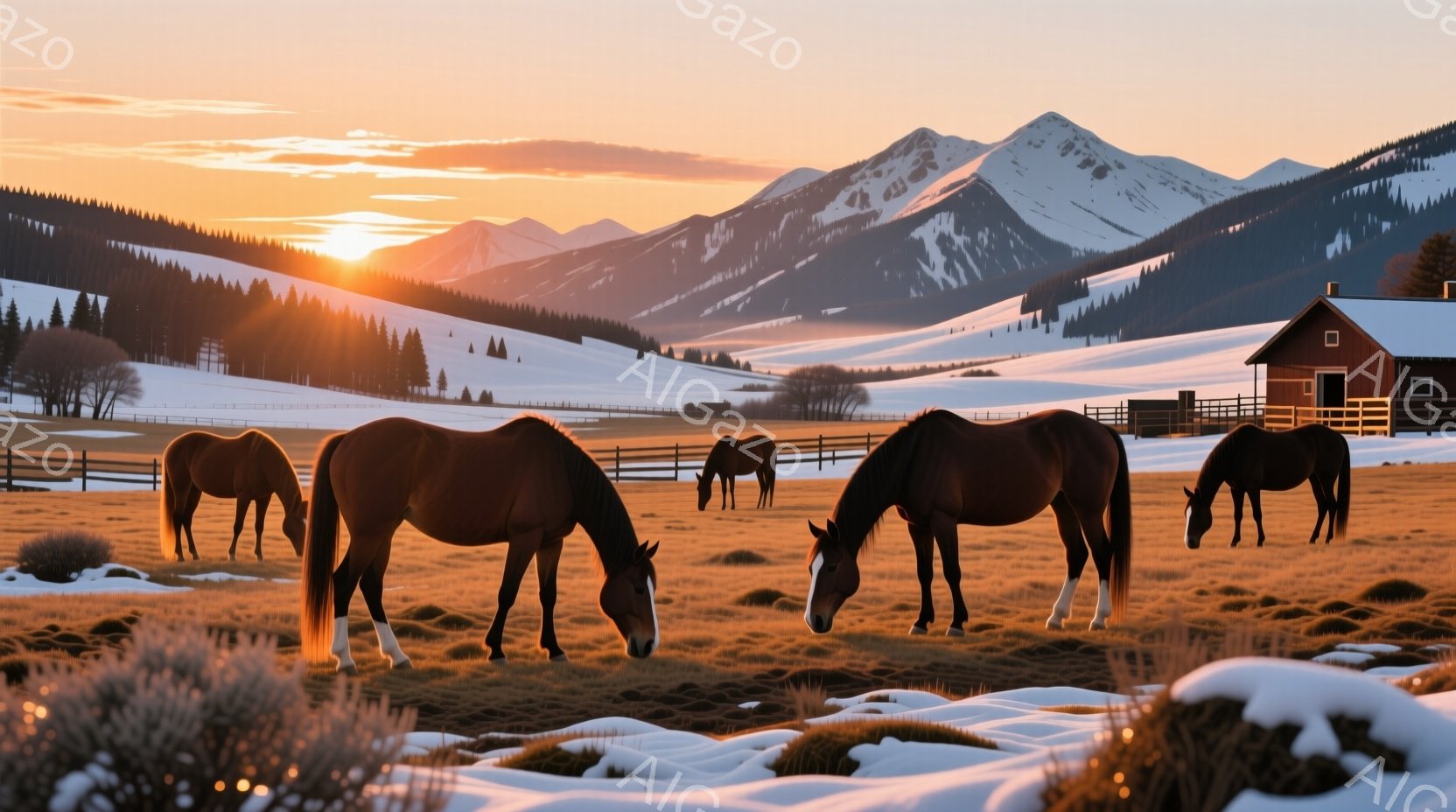 茶色い馬たちが雪に覆われた草原で草を食んでいます。背景には、雪を抱いた山々が連なり、夕焼けが空をオレンジ色に染めています。遠くには小さな木造の建物が見え、全体的に穏やかで静寂な冬の風景が広がっています - AI生成フリー素材
