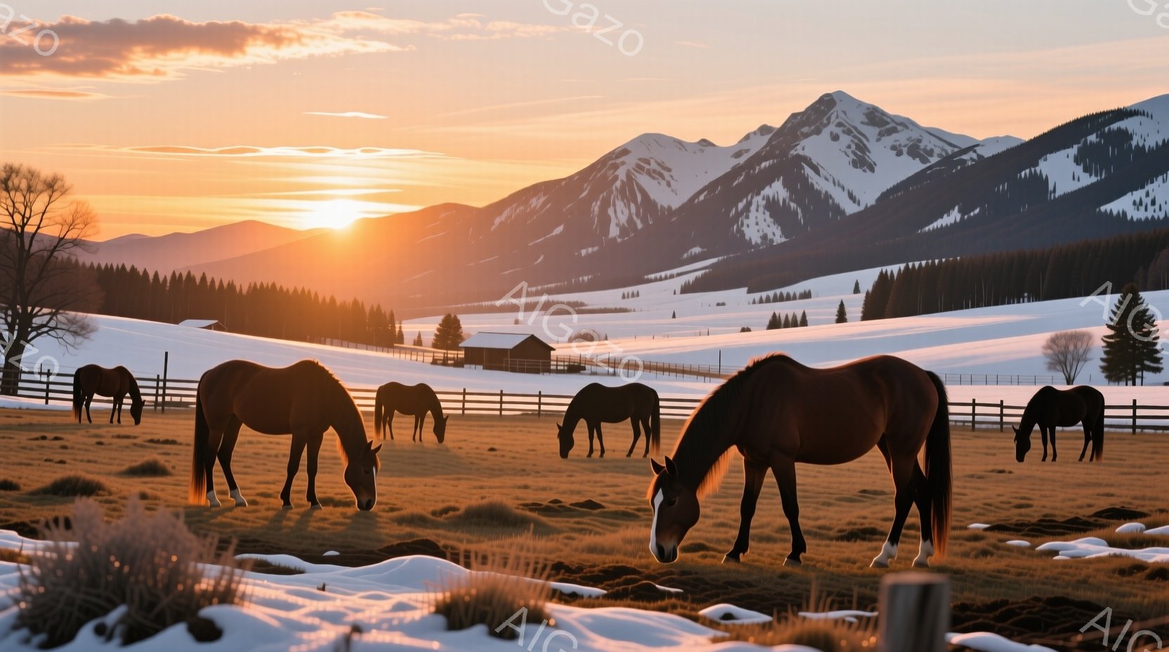 雪景色の中に茶色の馬たちが草を食んでいる。背景には雪を頂いた山々と、遠くに見える小さな建物があり、夕焼け空が暖かく穏やかな雰囲気を醸し出している。馬たちはリラックスした様子で、冬の静けさの中で平和な時 - AI生成フリー素材