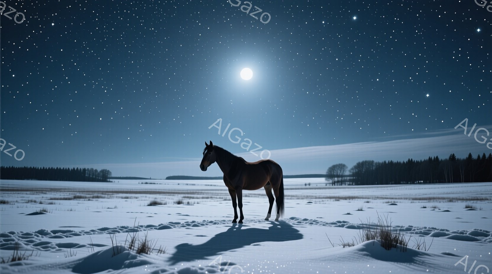 夜空には満月と星々が輝き、雪に覆われた広大な平原に茶色の馬が静かに立っている。馬は影を落とし、周囲の乾燥した草むらと雪景色の中に溶け込んでいる。冬の夜の静寂と、馬の孤独なシルエットが印象的な、神秘的で - AI生成フリー素材
