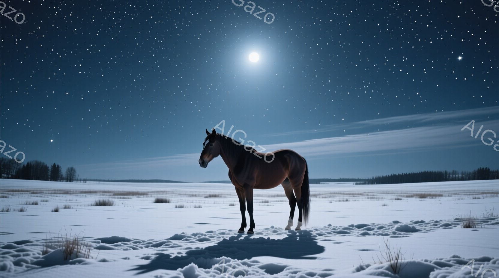 凍てつく雪原に、茶色の馬が一頭静かに立っている。満月が明るく輝き、星空が広がり、馬の影が雪の上に長く伸びている。遠くには暗いシルエットの木々が見え、静寂で幻想的な雰囲気が漂っている。 - AI生成フリー素材
