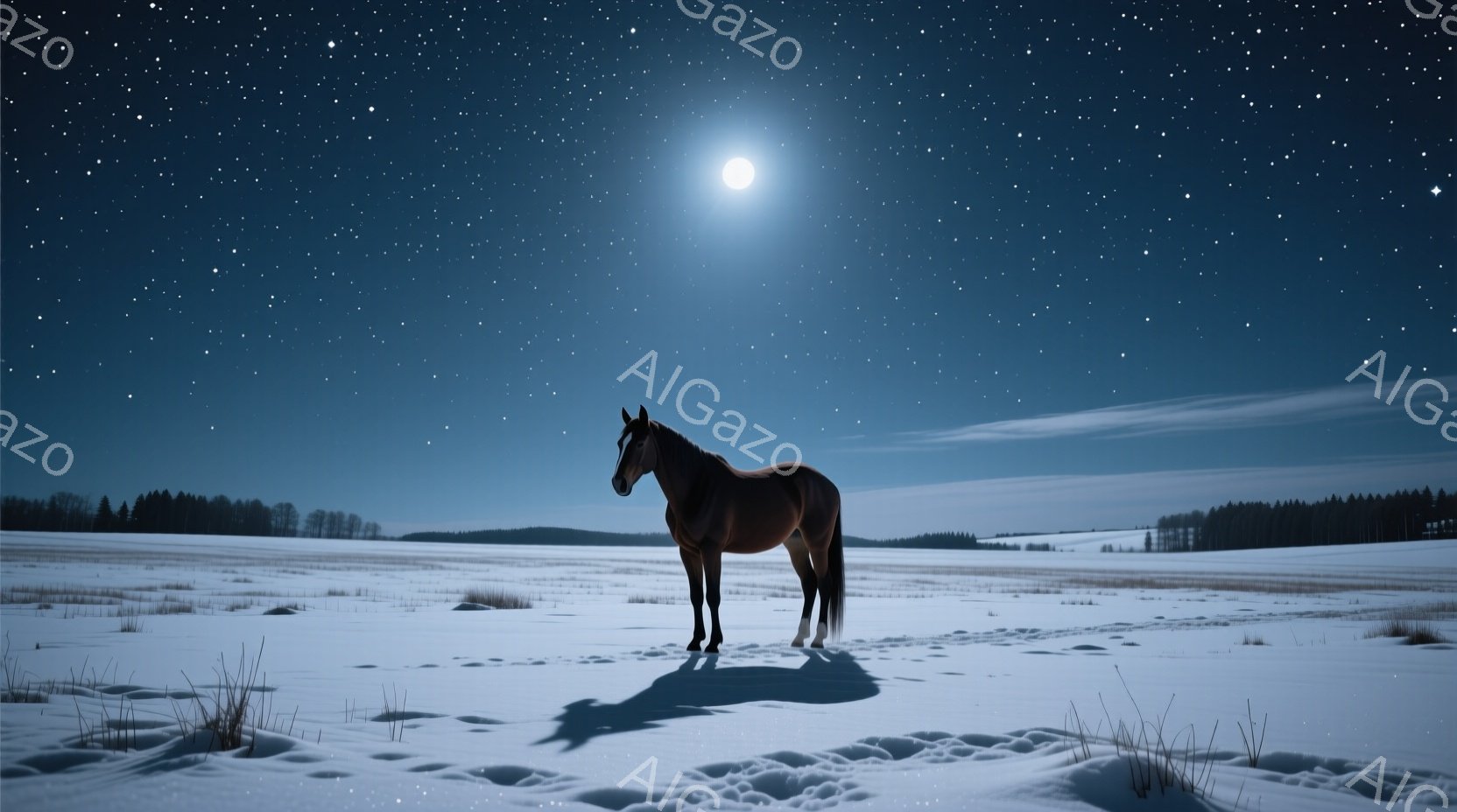 広大な雪景色の中に、茶色の馬が一頭立っている。月明かりが雪原を照らし、馬の影が長く伸びている。背景には、うっすらと木々のシルエットが見え、星空が広がり、静かで幻想的な雰囲気を醸し出している。 - AI生成フリー素材