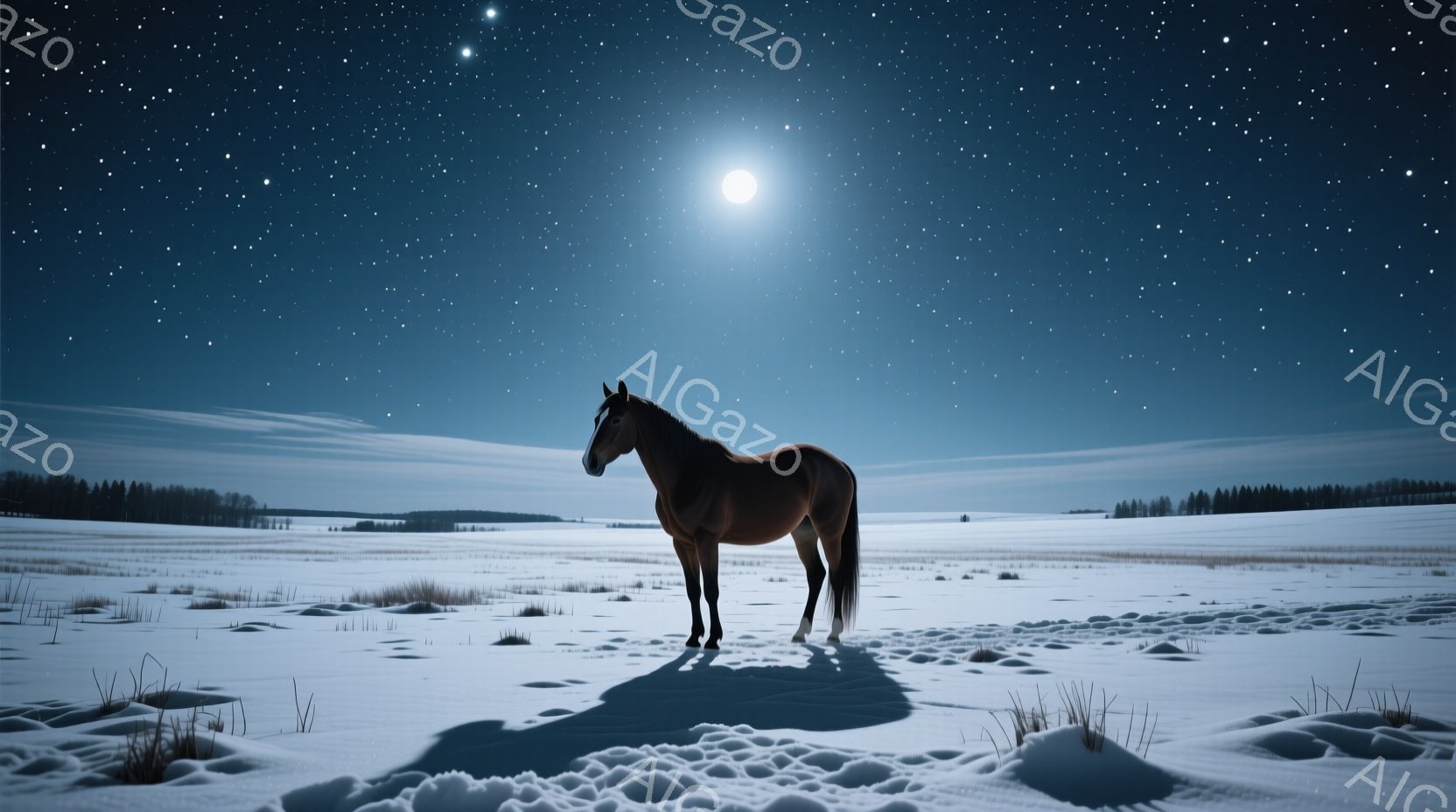 真っ白な雪原に栗色の馬が一頭立っている。背後には暗いシルエットの針葉樹林が広がり、空には明るい満月と無数の星が輝いている。馬は左を向き、静かで神秘的な雰囲気を醸し出している。