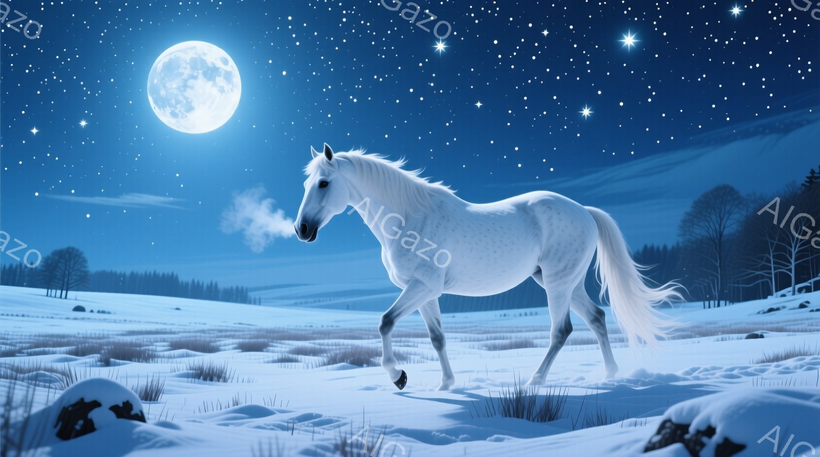 真っ白な馬が雪景色の中を歩いている姿が描かれている。馬は息を吐いており、その白い吐息が冷たい空気の中で漂っている。背景には暗い森と、満月と星が輝く夜空が広がり、幻想的で静寂な雰囲気を醸し出している。
