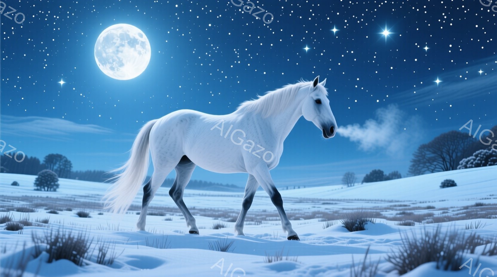 白い馬が雪景色の中を歩いている。馬の息遣いが白い蒸気となって空に舞い上がり、周囲の雪原には枯れ草が点在している。背景にはシルエット状の木々が連なり、満月と星空が幻想的な雰囲気を醸し出している。 - AI生成フリー素材