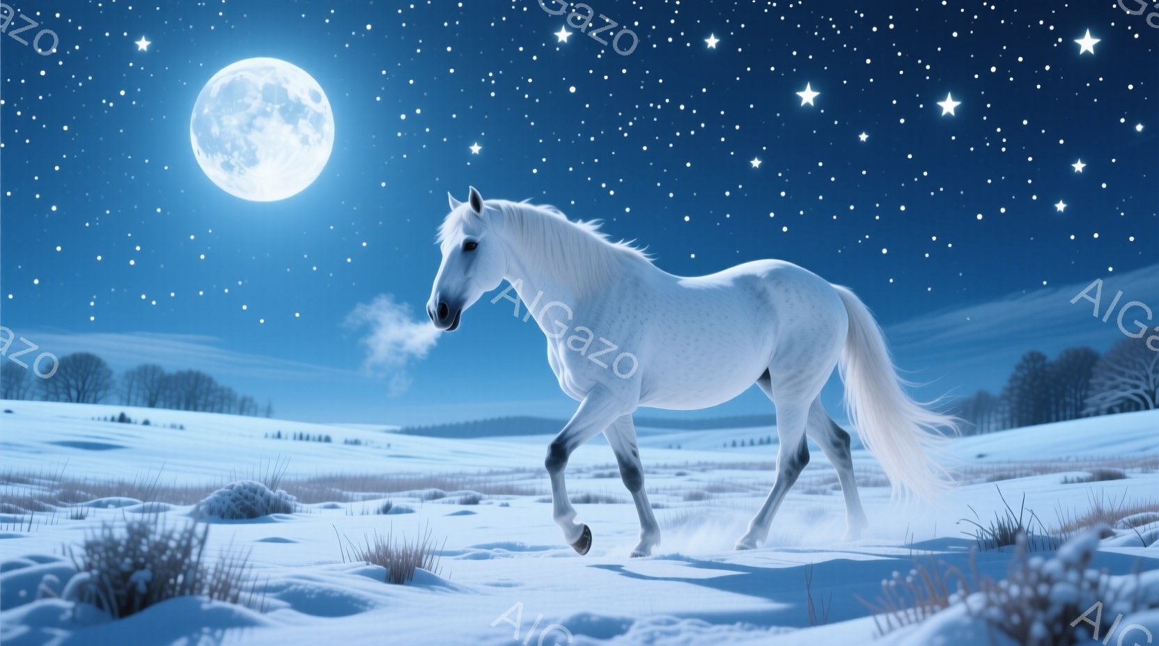 白い馬が雪原を駆けている姿が描かれている。満月と星空が背景に広がり、雪原にはところどころ枯れた草が顔を出し、冷たく静謐な冬の夜の雰囲気を醸し出している。馬の息が白い蒸気となって立ち上り、力強く美しい躍動感が感じられる。