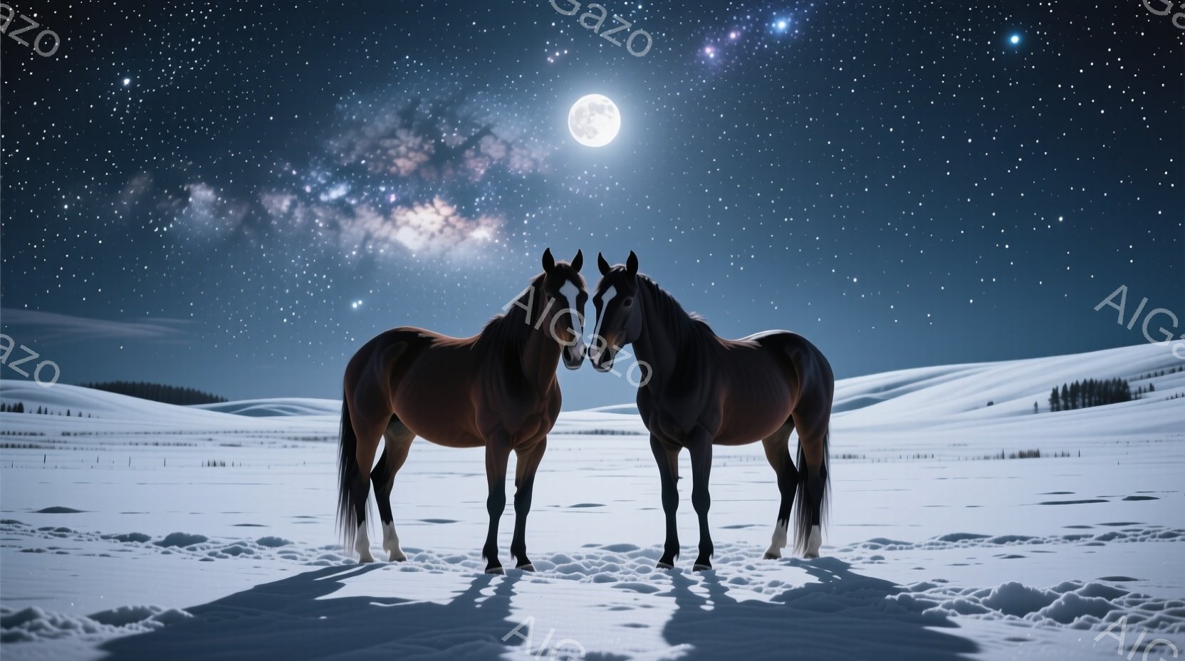 広大な雪原に二頭の栗色の馬が寄り添い合って立っている。夜空には満月と星々が輝き、雪景色と相まって幻想的な雰囲気を醸し出している。馬たちは静かに立ち、そのシルエットが雪原に長く伸びる影を作り出している。