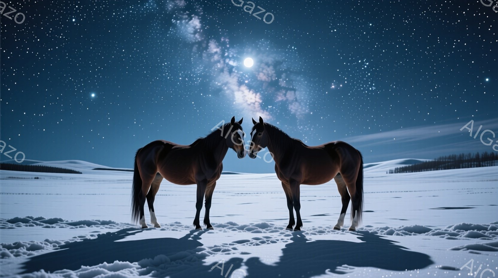 深く雪が積もった野原に、二頭の栗毛の馬が並んで立っている。夜空には満月と星が輝き、馬たちは互いに顔を寄せ合い、穏やかで静謐な雰囲気を醸し出している。遠方には暗い森が見え、雪原と夜空が幻想的な光景を作り出している。