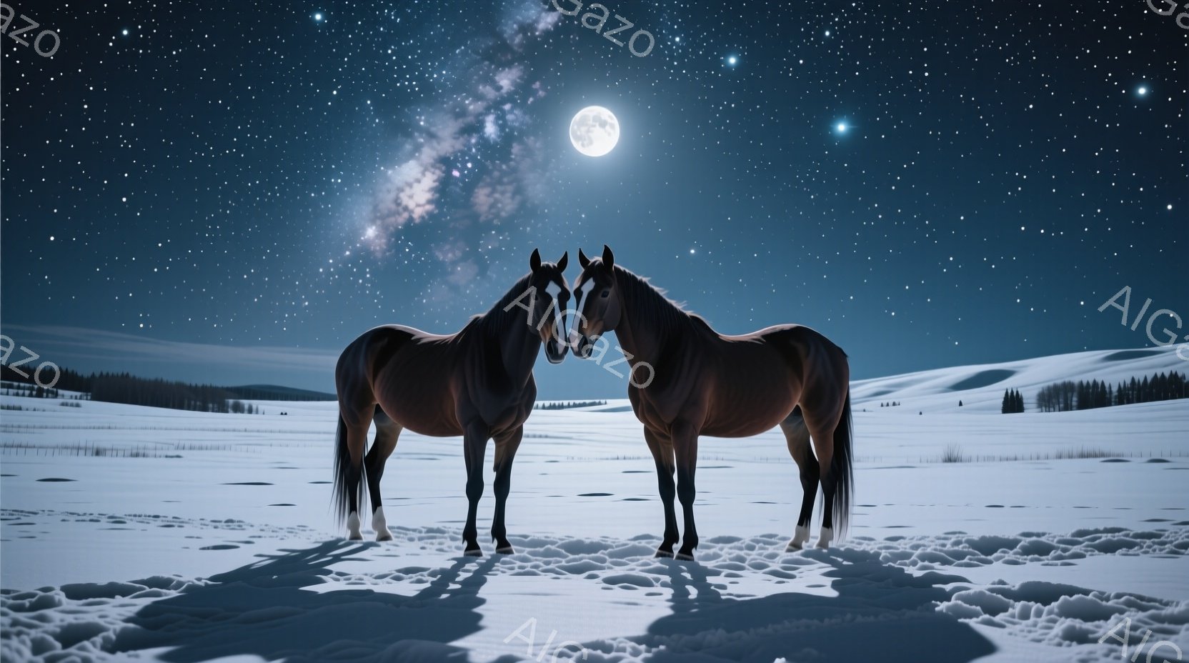 真っ白な雪原に二頭の栗色の馬が並んで立っている。夜空には満月が輝き、星々が煌めき、馬達の影が雪の上に長く伸びている。背景には遠くに見える森林が広がり、静寂で幻想的な雰囲気が漂っている。