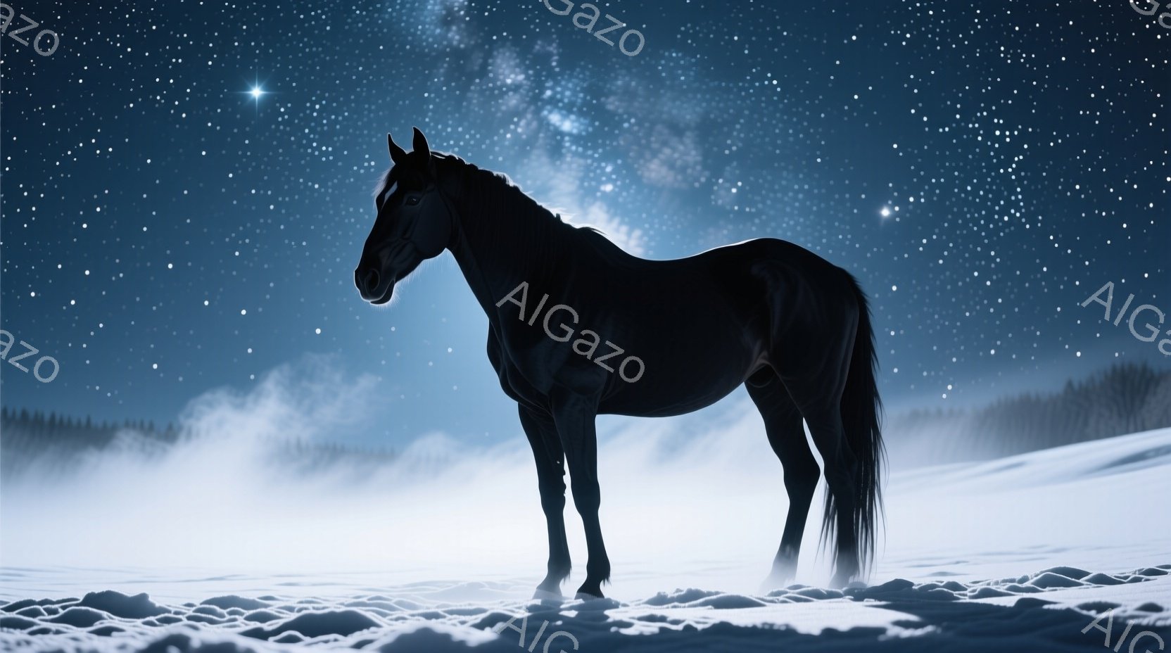 夜空の下、雪原に黒い馬が立っている。馬は静かに立ち、周囲の白い雪と暗い森とのコントラストが際立っている。背景には星空が広がり、幻想的で穏やかな雰囲気を醸し出している。 - AI生成フリー素材