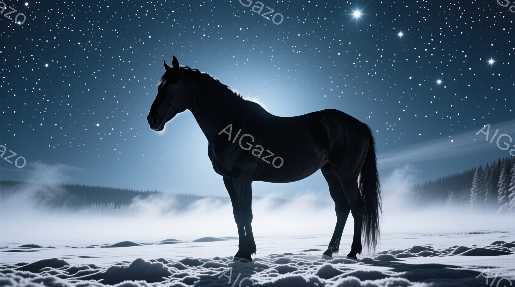 暗いシルエットで描かれた黒馬が、雪に覆われた荒野に静かに立っている。背景には霧に包まれた丘陵地帯の森が見え、夜空には無数の星と、強い光を放つ星が輝いている。全体的に静寂で神秘的な雰囲気が漂い、冬の夜の - AI生成フリー素材