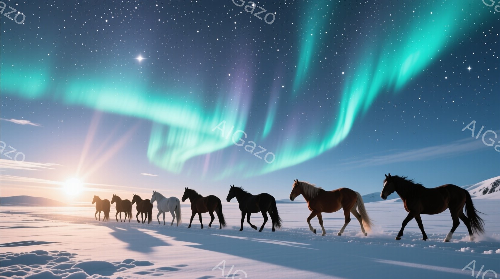 広大な雪原を、黒馬、栗毛馬、白馬が列をなして駆けている。空にはオーロラが輝き、地平線には太陽が昇りかけており、幻想的な雰囲気を醸し出している。雪面には馬の蹄の跡が残り、静寂の中に生命の躍動が感じられる - AI生成フリー素材