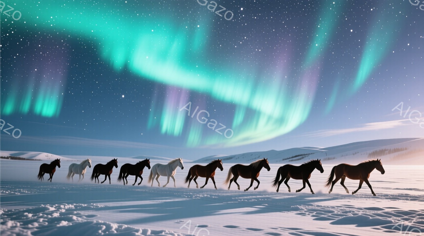 白い雪景色の中、黒馬と白馬が列をなして走っている。背景にはオーロラが広がり、幻想的な光が雪原を照らしている。全体的に静かで神秘的な雰囲気で、冬の夜の自然の美しさが際立っている。 - AI生成フリー素材