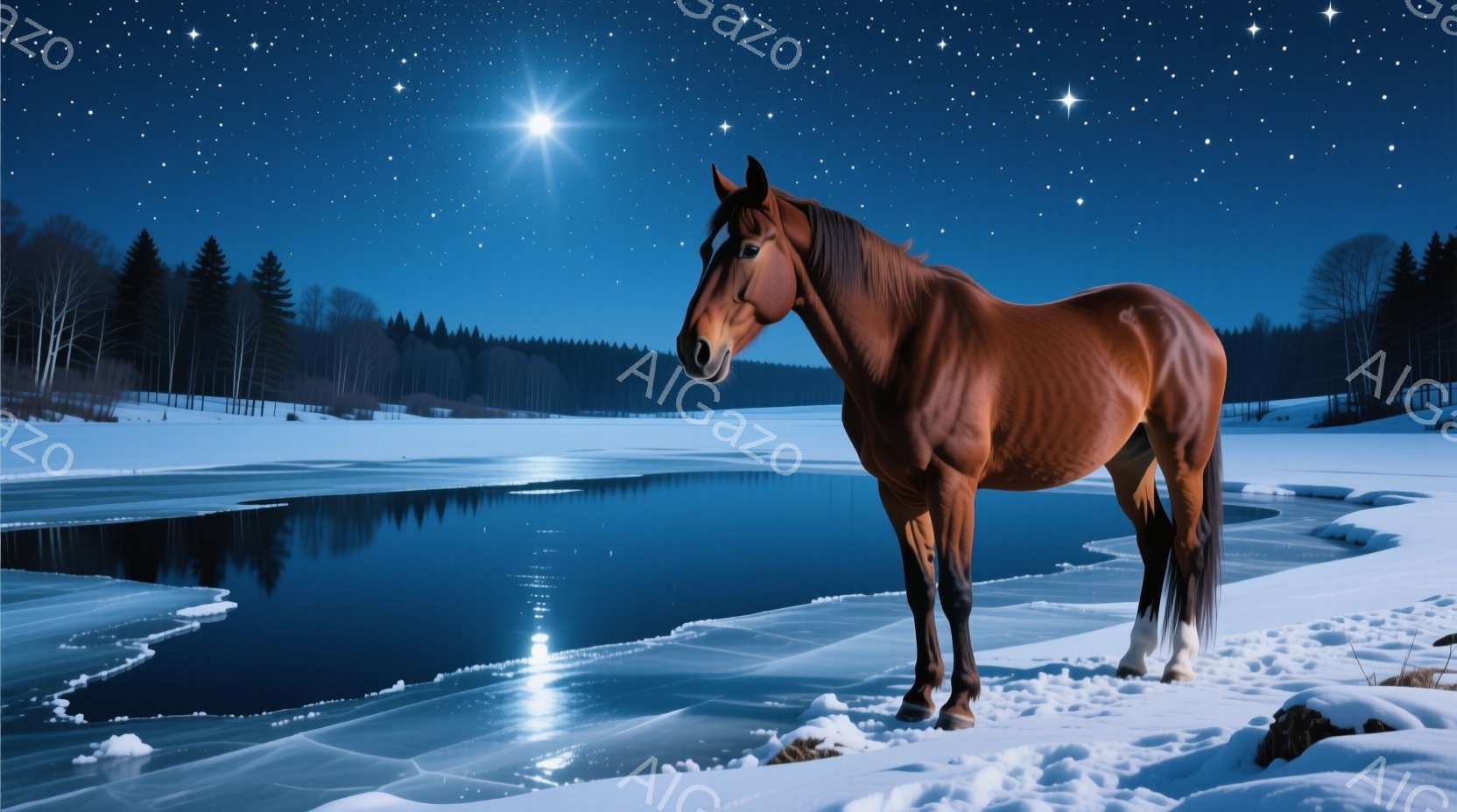 凍てつくような冬の夜に、栗色の馬が凍った湖のほとりに静かに立っている。星空の下、湖面は馬の姿を映し出し、遠くには暗い森が広がっている。全体的に静寂で幻想的な雰囲気が漂い、冬の夜の美しさを際立たせている - AI生成フリー素材