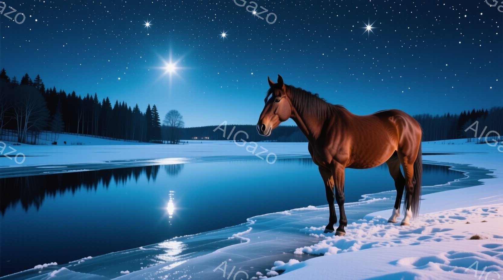 深い雪の上に堂々と立つ茶色の馬が印象的だ。凍った湖面が馬を映し出し、遠くには暗い森と夜空に輝く星々が広がる。全体的に静寂で神秘的な雰囲気で、冬の夜の幻想的な光景が目に浮かぶ。 - AI生成フリー素材